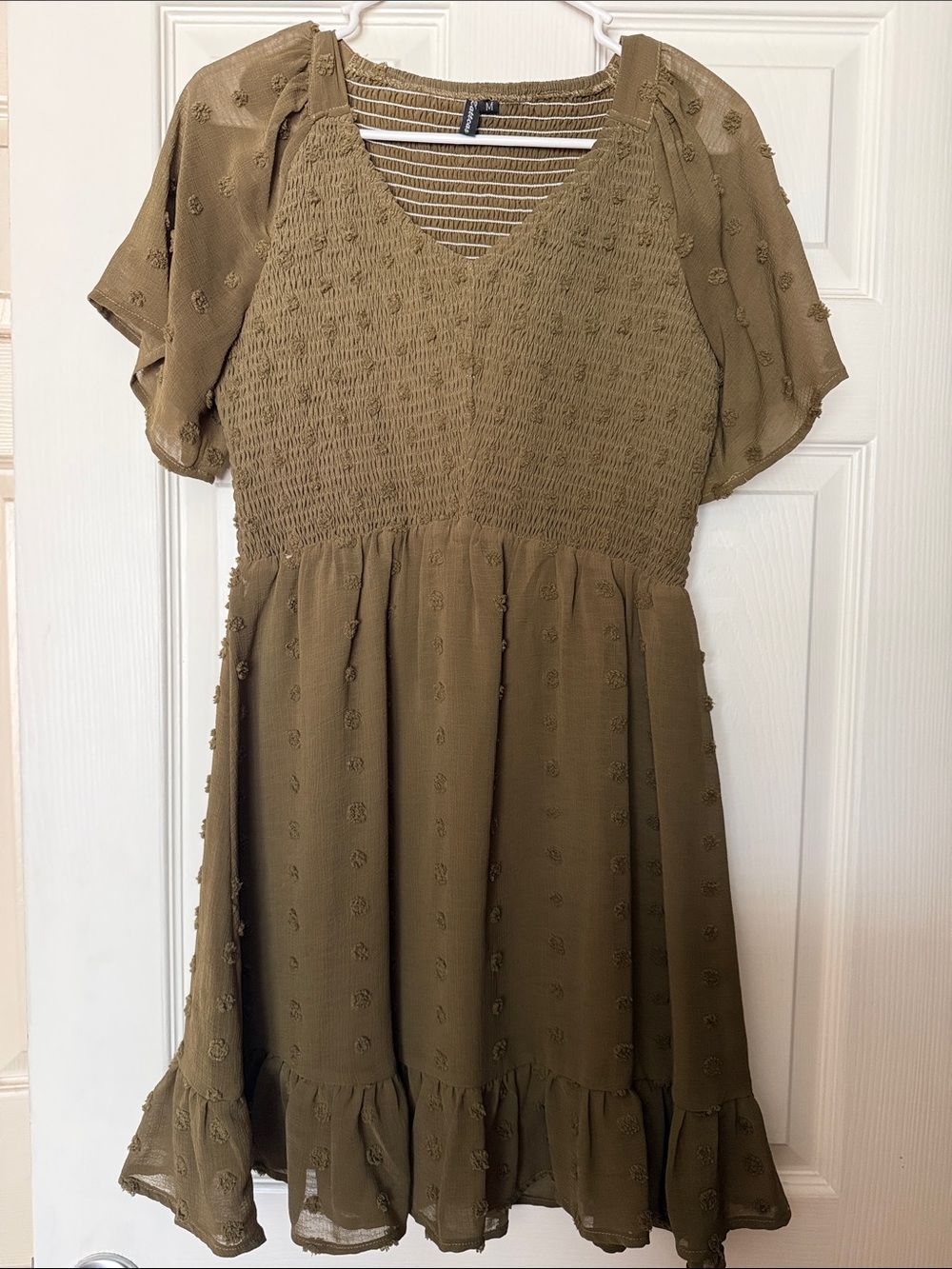 Olive Smocked V-Neck Midi Dress with